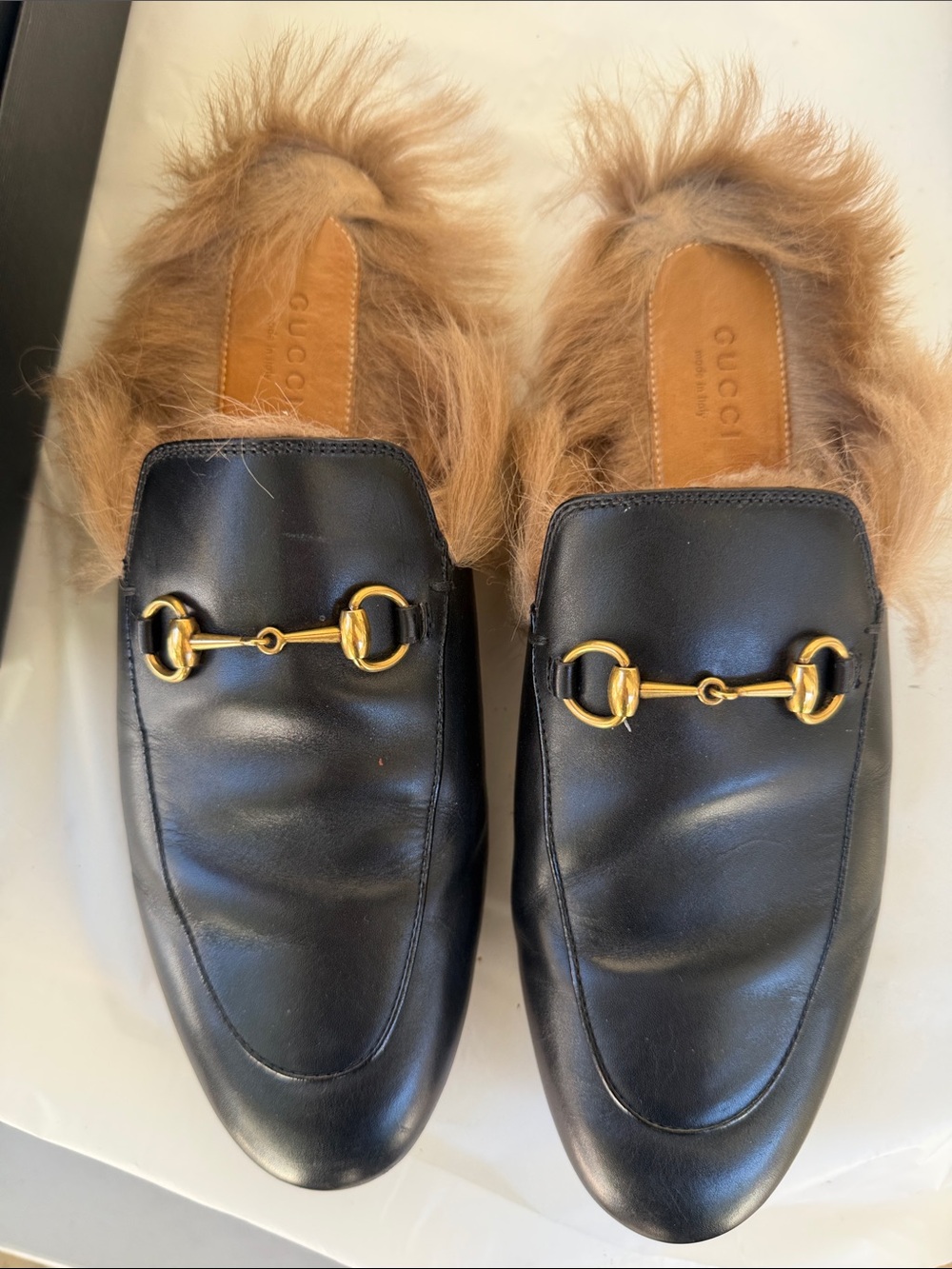 Gucci Black Leather Fur-Lined Horsebit Slippers